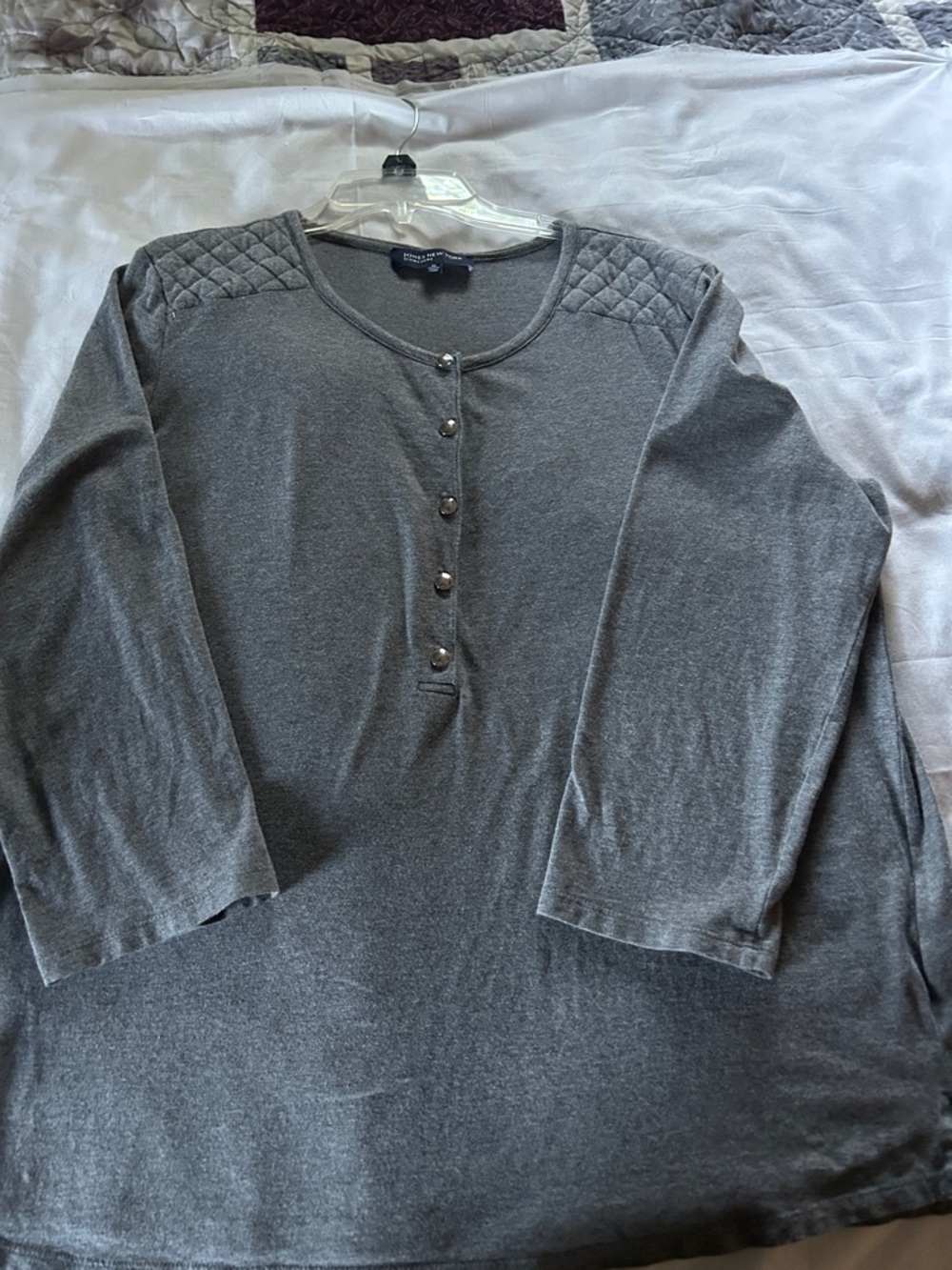 Jones New York signature Charter Club Gray Quilted-Shoulder Henley Top